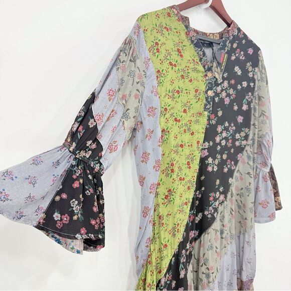 Young Threads Earth Tone Complimentary Asymetrical Floral Patchwork Ruffle Dress - Picture 5 of 16